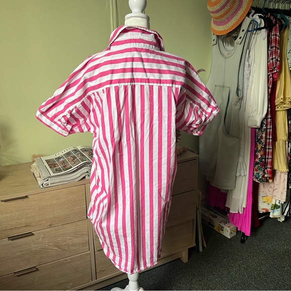 A NEW DAY Pink Stripe Relaxed Fit Button Down Shirt Cotton Midi Mini Dress Sz S - Picture 5 of 16
